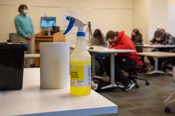 Classroom with cleaning supplies