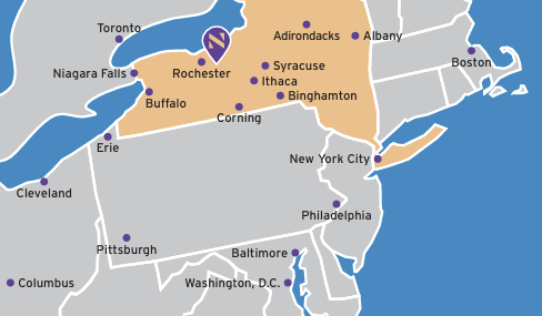 Map shows Nazareth's location in Rochester, between Buffalo and Albany. Shows NYC, Syracuse & more. 