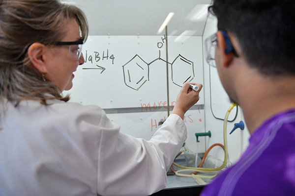 professor diagraming a molecule on whiteboard