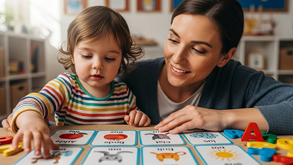 Toddler pointing to flash cards with adult