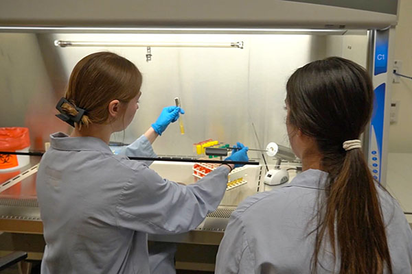 two students in lab coats conducting a chemical analysis