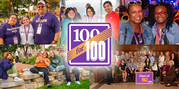100 for 100 graphic over images of alums at NazWeekend