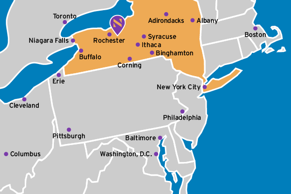 Map shows Nazareth's location in Rochester, between Buffalo and Albany. Shows NYC, Syracuse & more. 