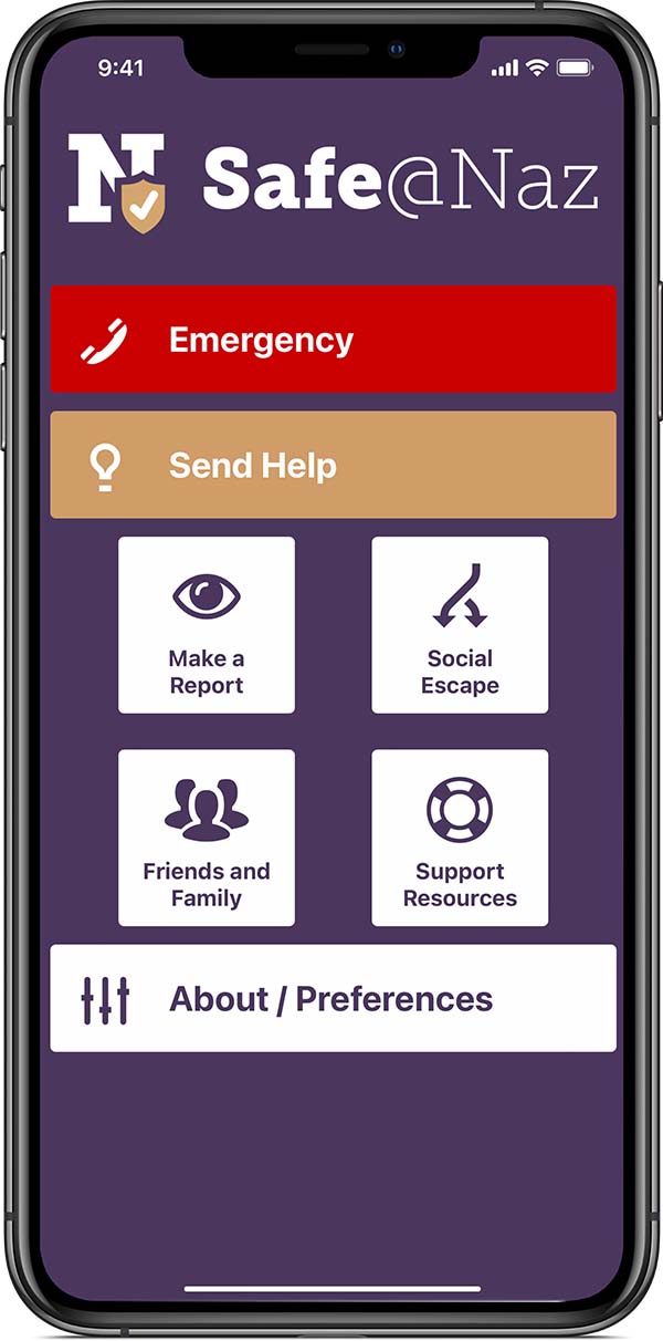 Homepage buttons: emergency, send help, make a report, social escape, friends & family
