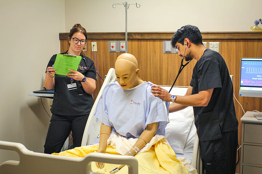 physician assistant students using stethoscope on sim patient