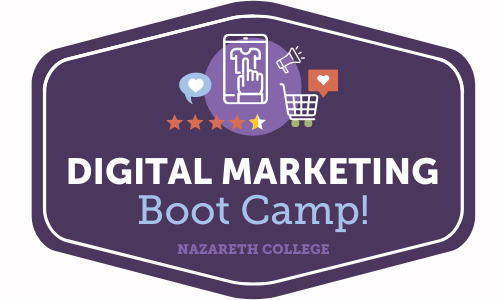 badge that says digital marketing boot camp with marketing iconagraphy