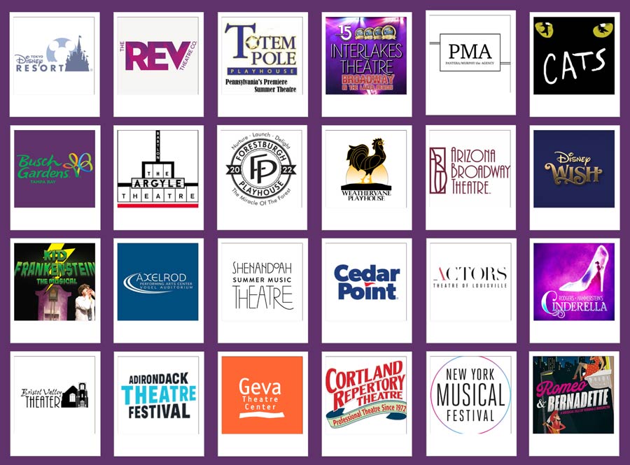 Logos and names of stages and performance venues, including Disney Resort, Geva, The Rev