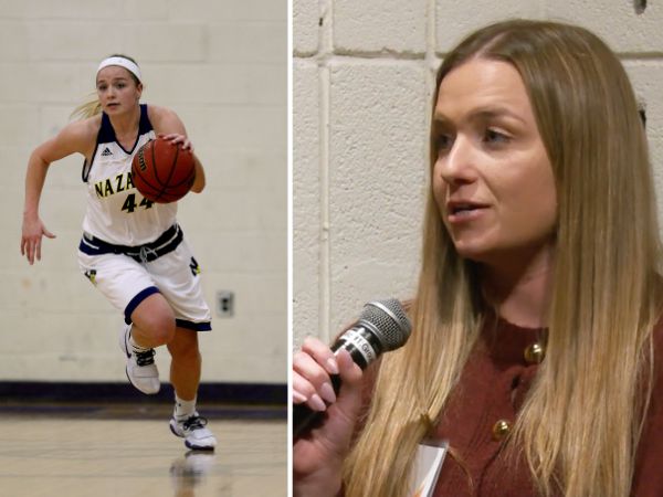 Sam Peebles '18, '20G played basketball for Naz and returned to speak on a panel of women athletes