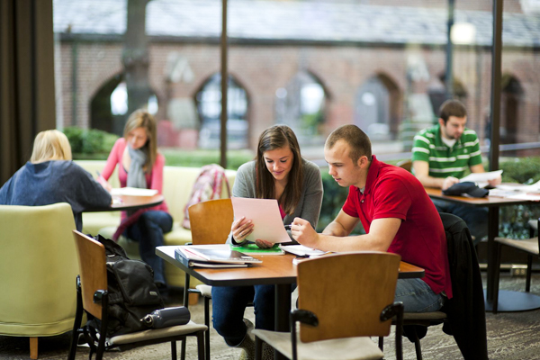 students studying in the library lobby