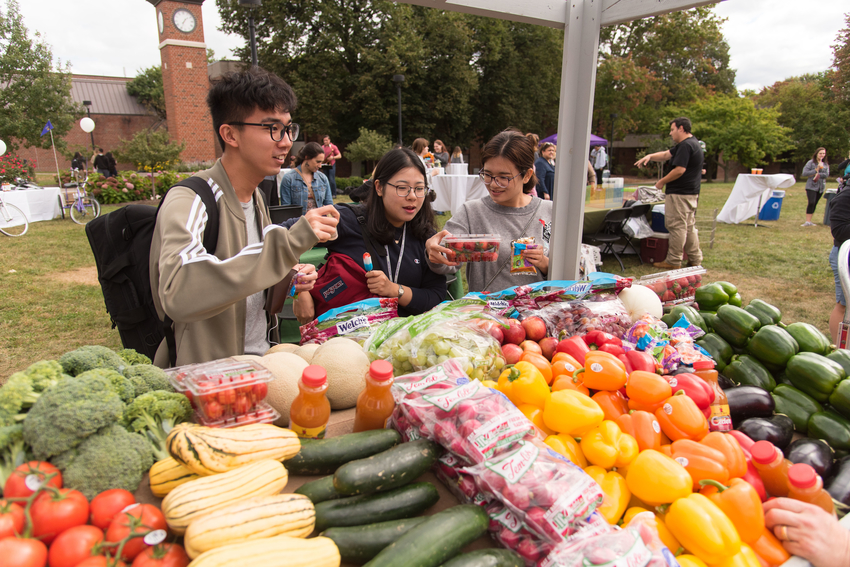 students shop for fresh vegetables at farm market on campus