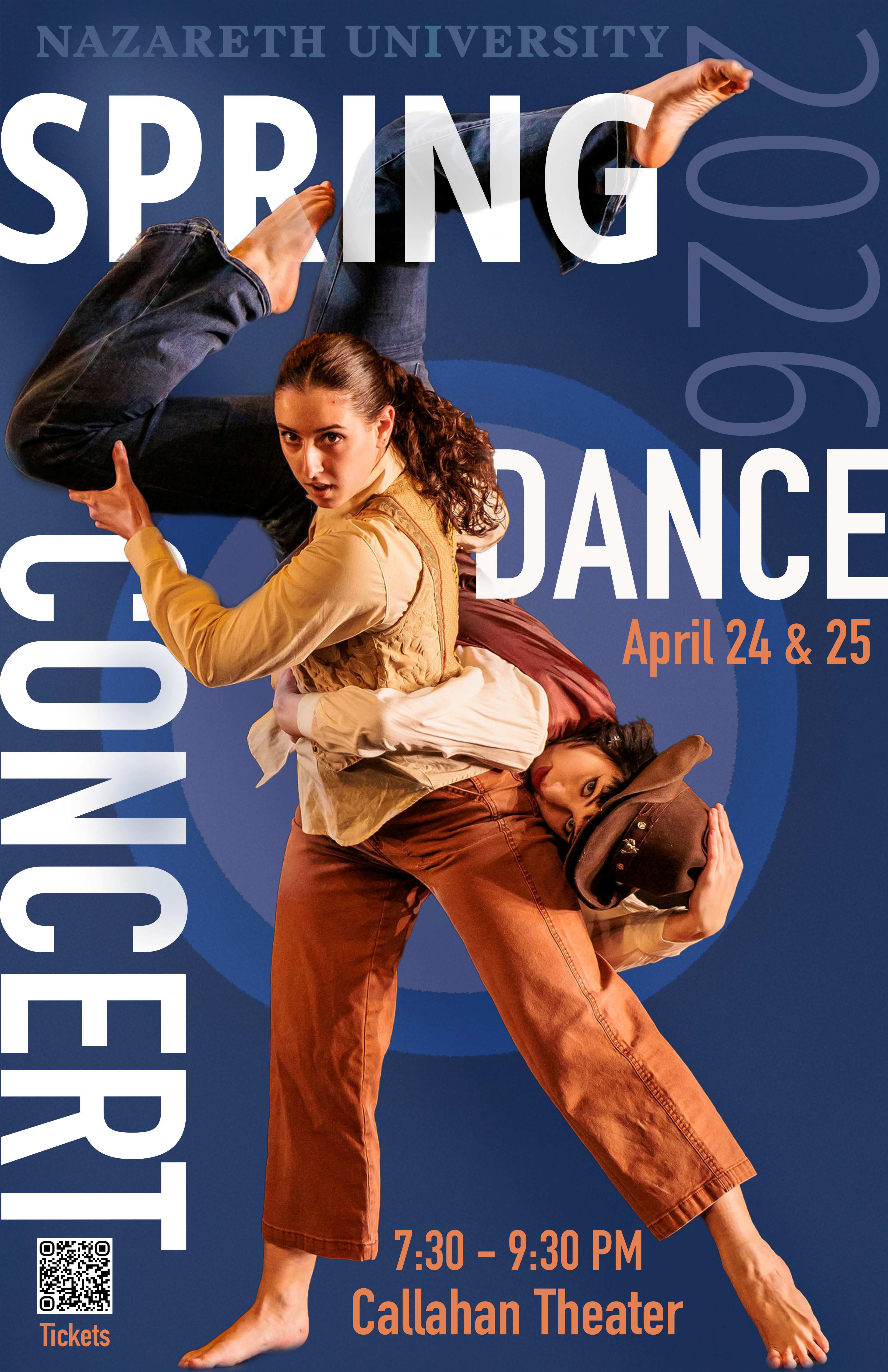 two dancers performing a lift with dark blue background