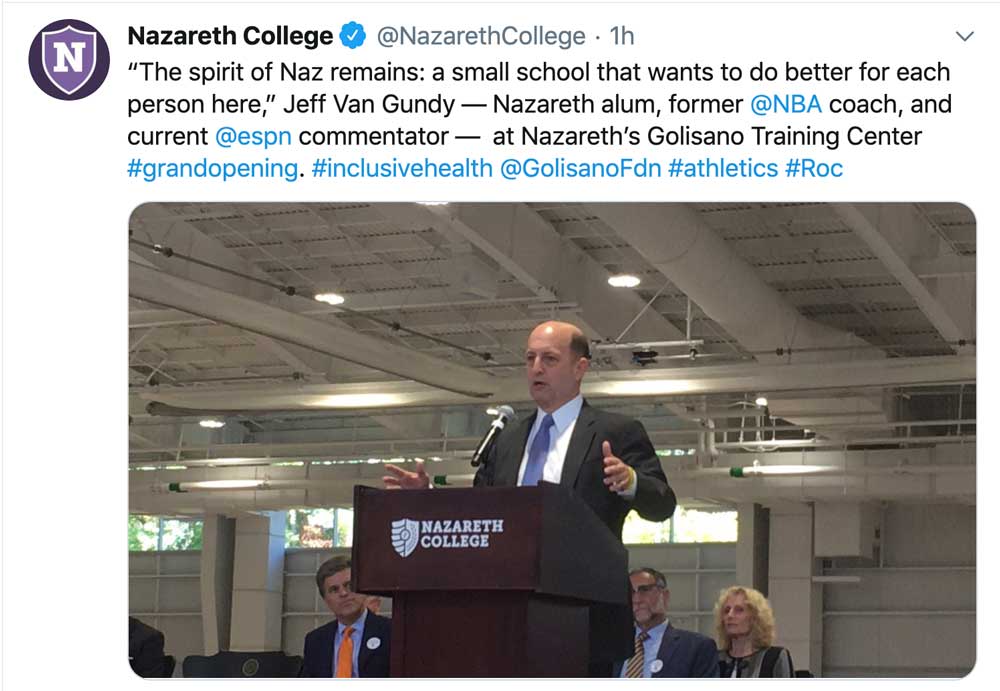 Naz tweet: Jeff Van Gundy ‘85: “A small school that wants to do better for each person”