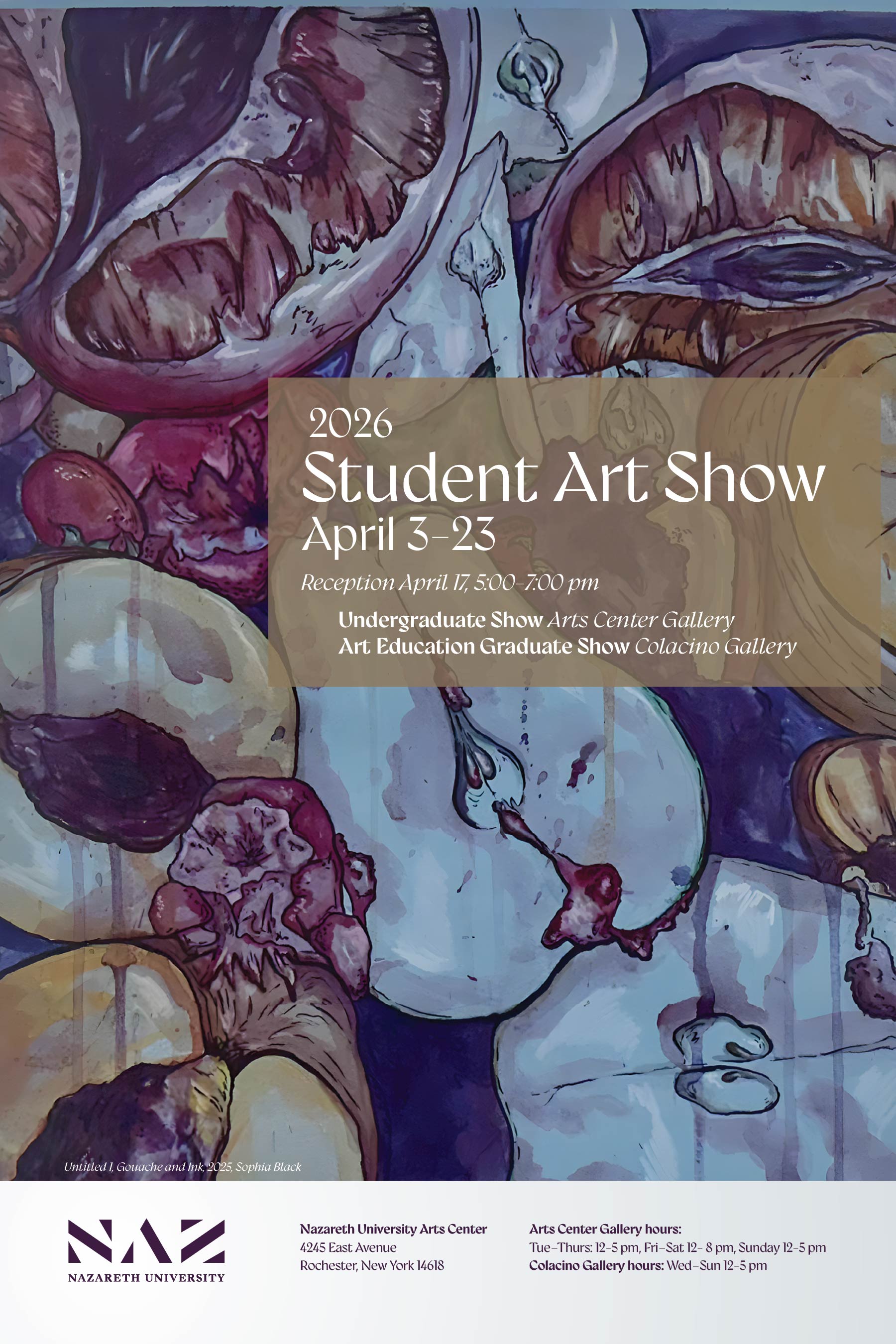 Student art work of apples, peaches with deep red and maroon