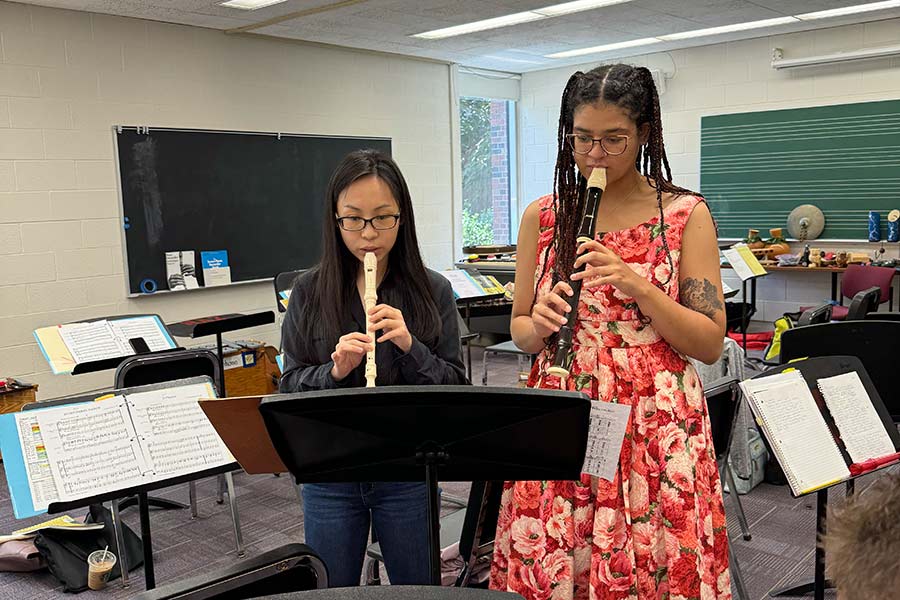 music education students playing recorders while learning Orff methods at Nazareth University 