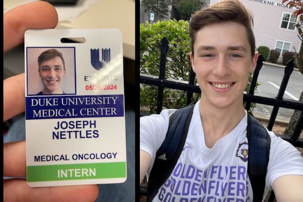 Joe Nettles poses alongside his Duke U. medical oncology intern ID card