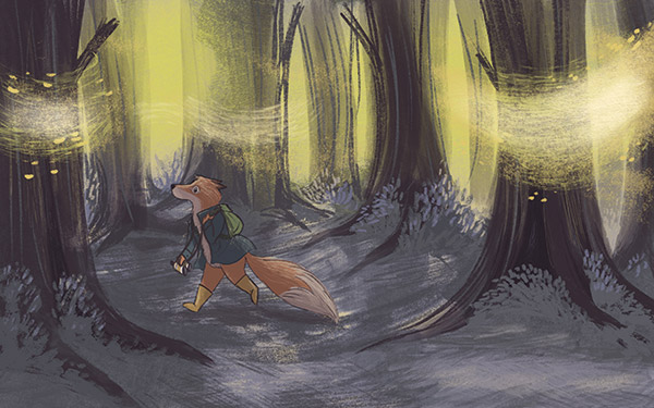 illustration of a fox hiking in the woods