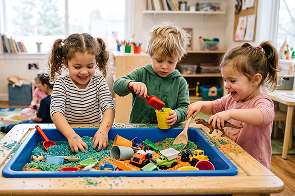 three children playing at sensory table