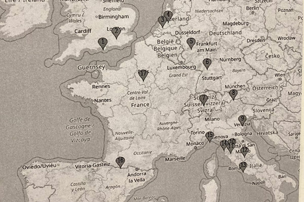 Map of study abroad locations in Europe, 1964