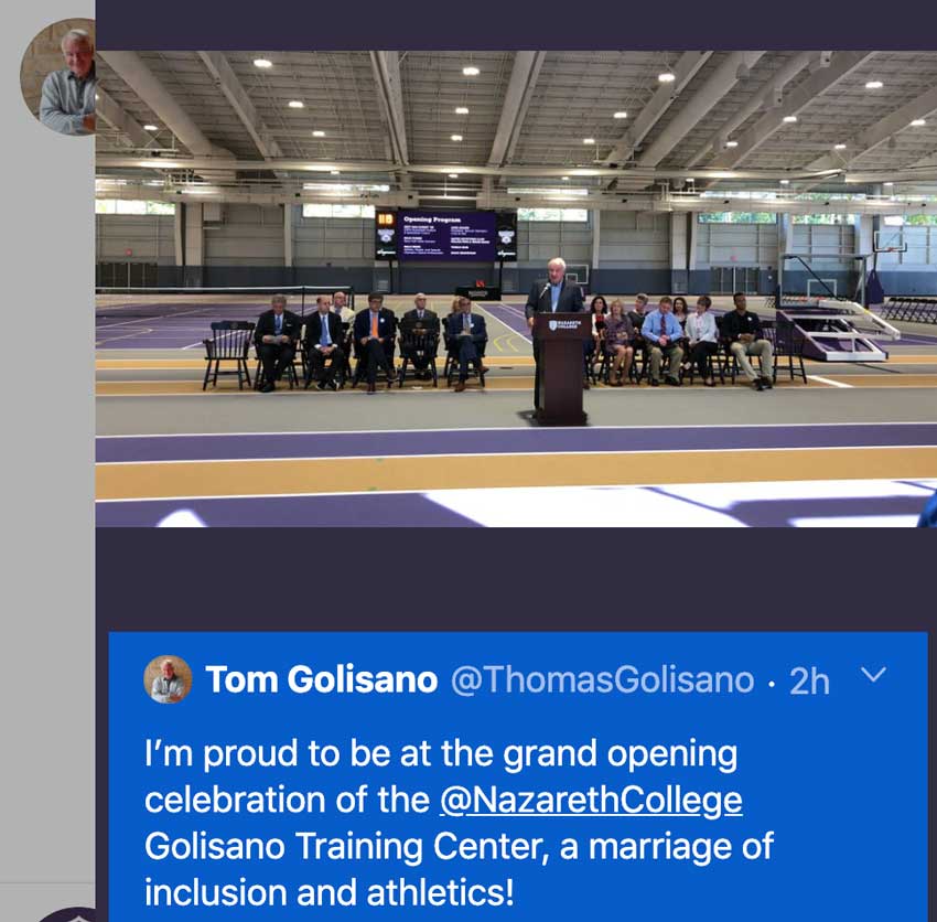 Tom Golisano tweets: Proud of this marriage of inclusion and athletics.