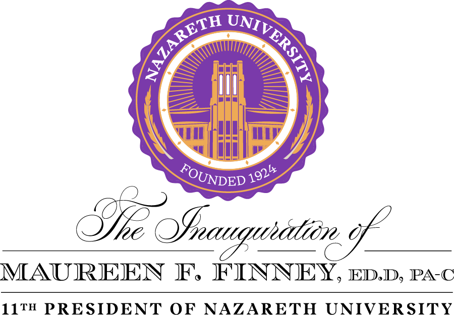 Nazareth University seal, letters announce the inauguration of Maureen L. Finney, 11th president