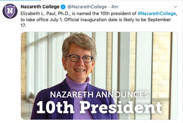 Elizabeth Paul, Ph.D. is named the 10th president of #NazarethCollege