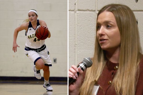 Sam Peebles playing basketball in college and recently speaking on a women in sports panel at Naz