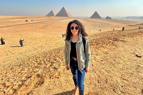 Gabriela Pandya visiting the pyramids in Cairo