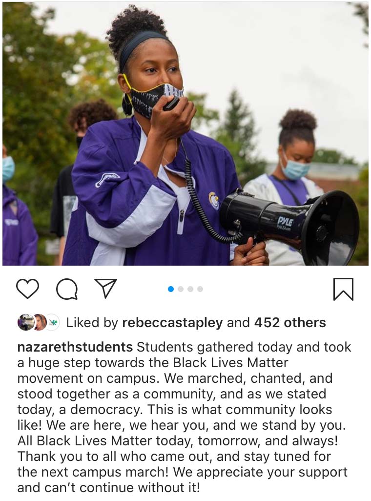 Student speaks with megaphone, @nazarethstudents post