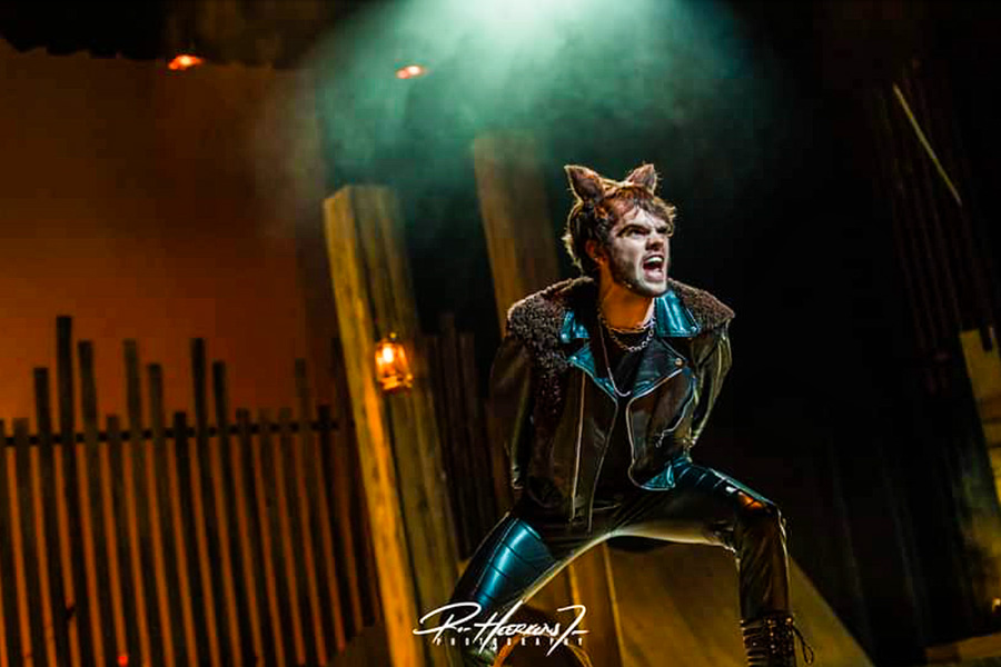 actor singing on stage dressed as a cat