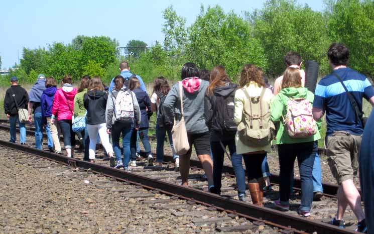 Students on a railroad track