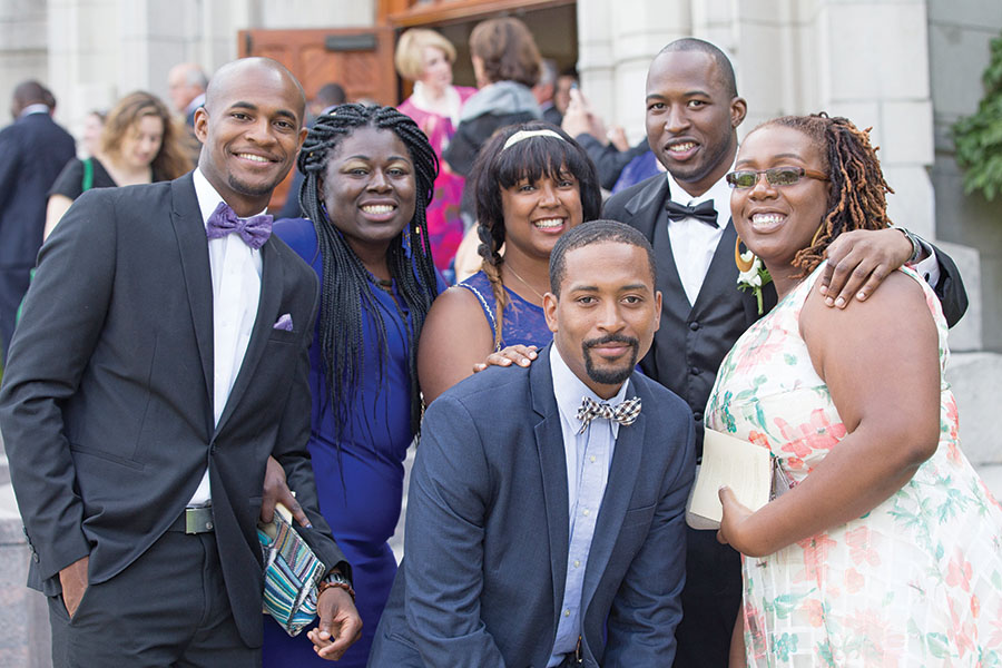 Kevin Graham and friends at a wedding outside Linehan Chapel 