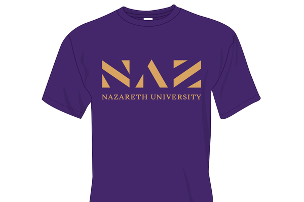 Purple shirt with NAZ Nazareth University in gold letters