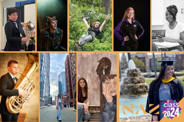 9 graduating students pose with a tuba, flowers, in theatre costume, ziplining, in athletics jacket, with art, in cap and gown